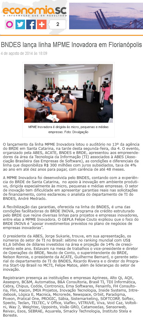 BNDES lança linha MPME Inovadora em Florianópolis  - Portal ABES