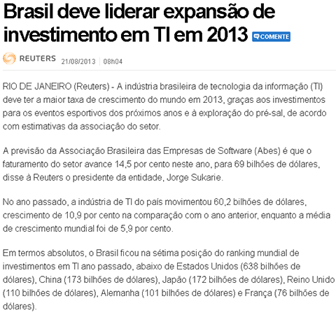 Brasil deve liderar expansão de investimento em TI em 2013