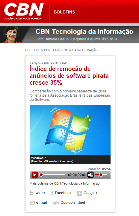 Índice de remoção de anúncios de software pirata cresce 35% - Rádio CBN 21/07/2015